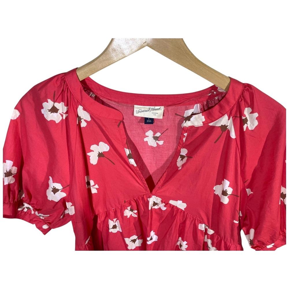 Universal Thread Puff Sleeve Floral Tiered Babydoll Dress Sz L Coral Beach Boho - Picture 9 of 14